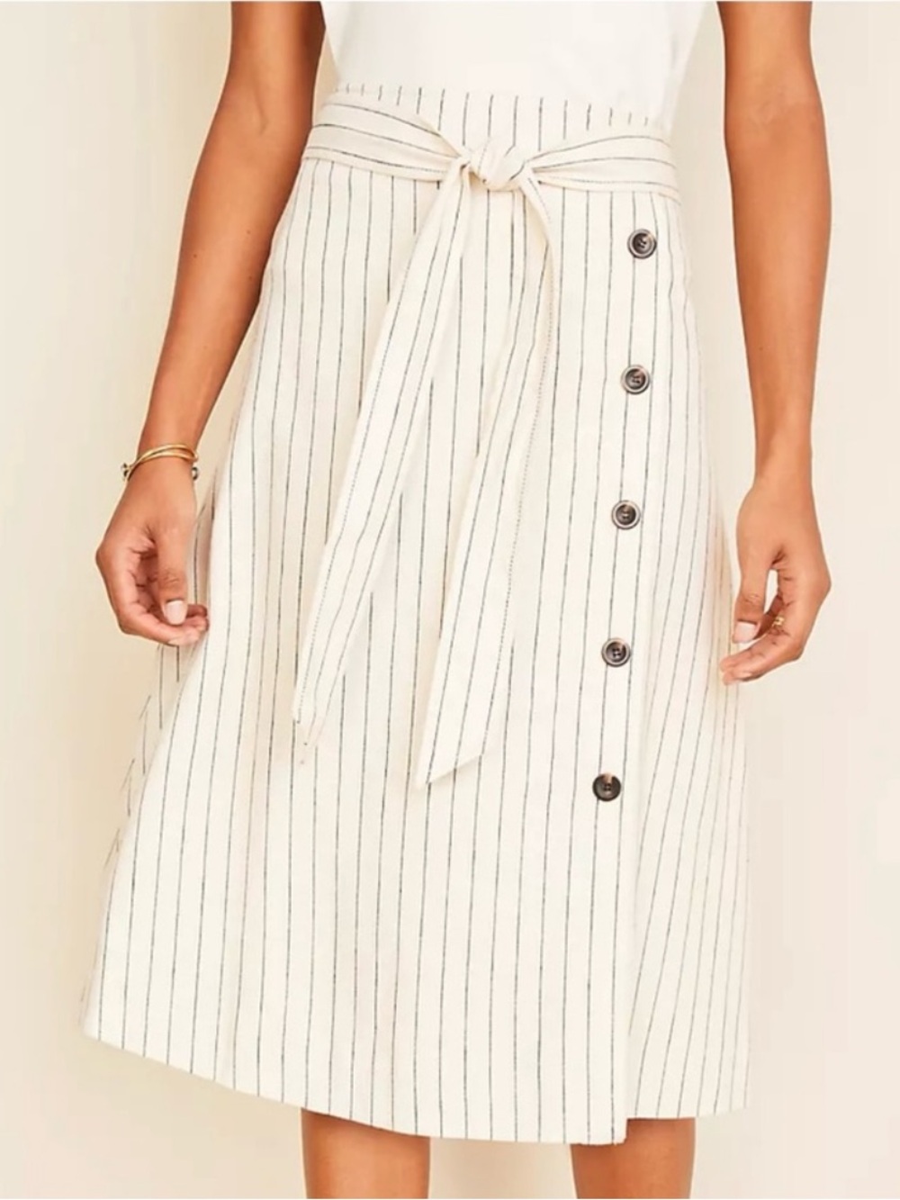 Cream and Navy Striped Tie-Waist Midi Skirt